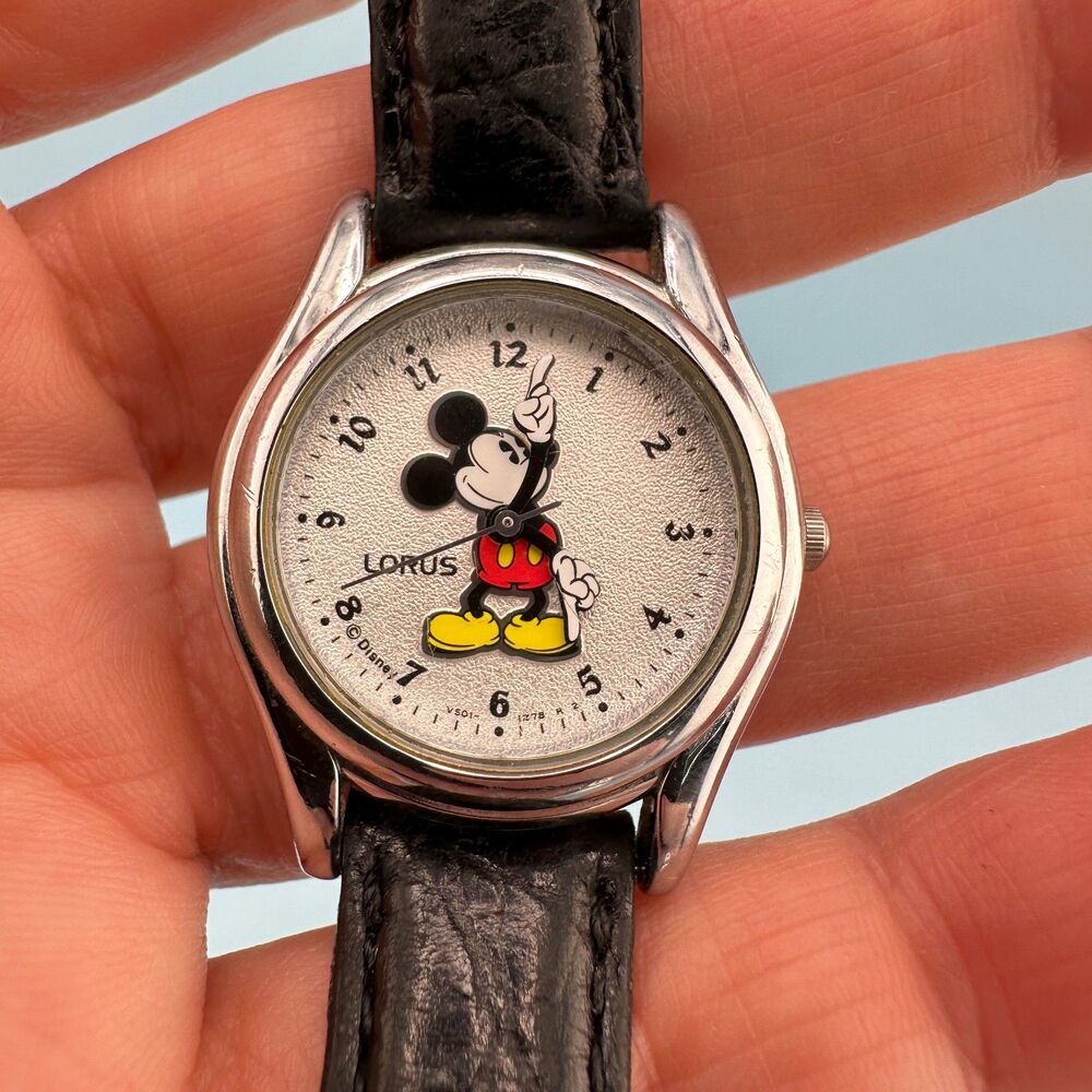 Vintage Mickey Mouse Lorus Wrist Watch Stainless Steel Quartz Black Band Tested